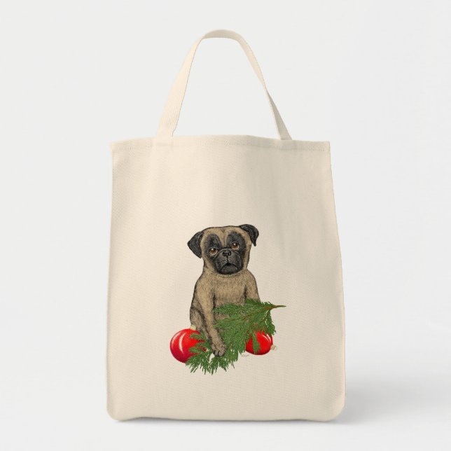 Bolsa Tote Pug Puppy Adorável Arte De Cão De Natal (Frente)