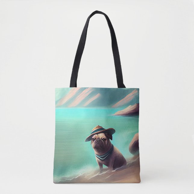 Bolsa Tote Pug se divertindo na pintura de praia (Frente)