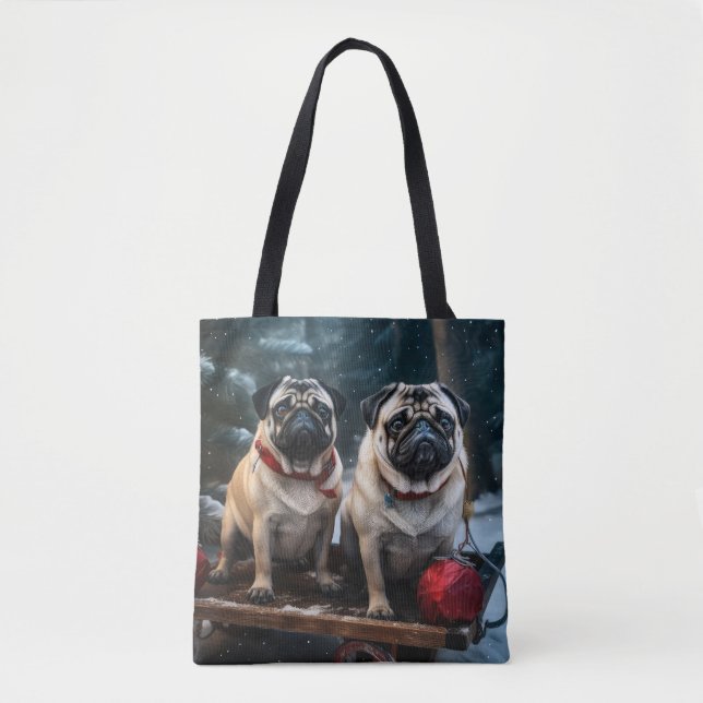 Bolsa Tote Pug Snowy Sleigh Decoração de Natal (Frente)