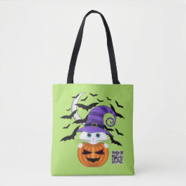 Bolsa Tote Pumpkin assustador com Gatinho branco e chapéu de