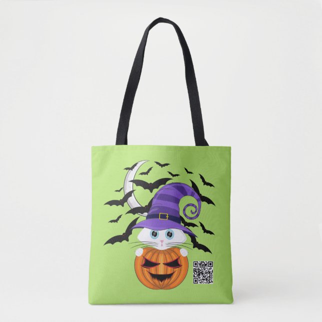 Bolsa Tote Pumpkin assustador com Gatinho branco e chapéu de  (Frente)