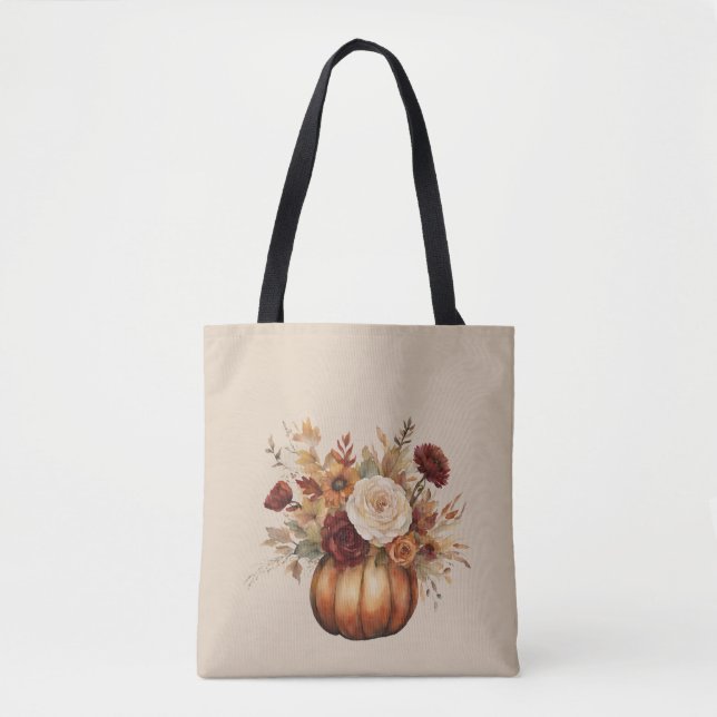 Bolsa Tote Pumpkin e Flores de Aquarelas de Queda- (Frente)