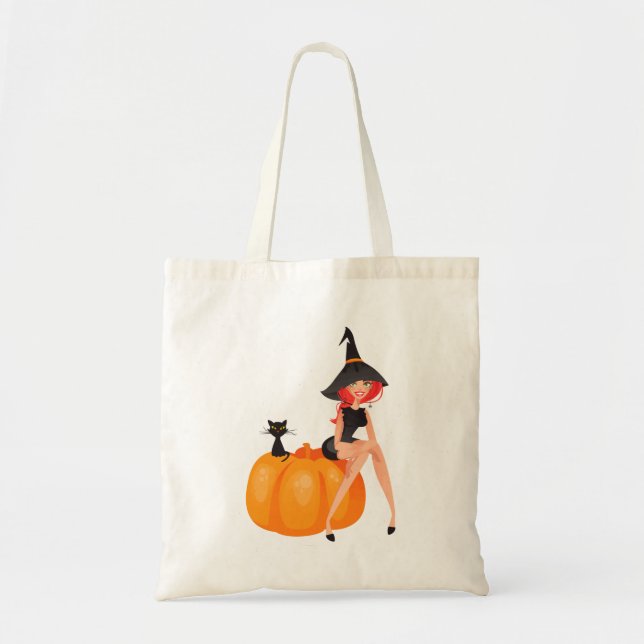 Bolsa Tote Pumpkin e Gato Negro da Bruxa do Halloween (Frente)