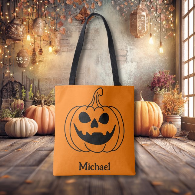 Bolsa Tote Pumpkin Face Jack O Lantern With Name (Criador carregado)