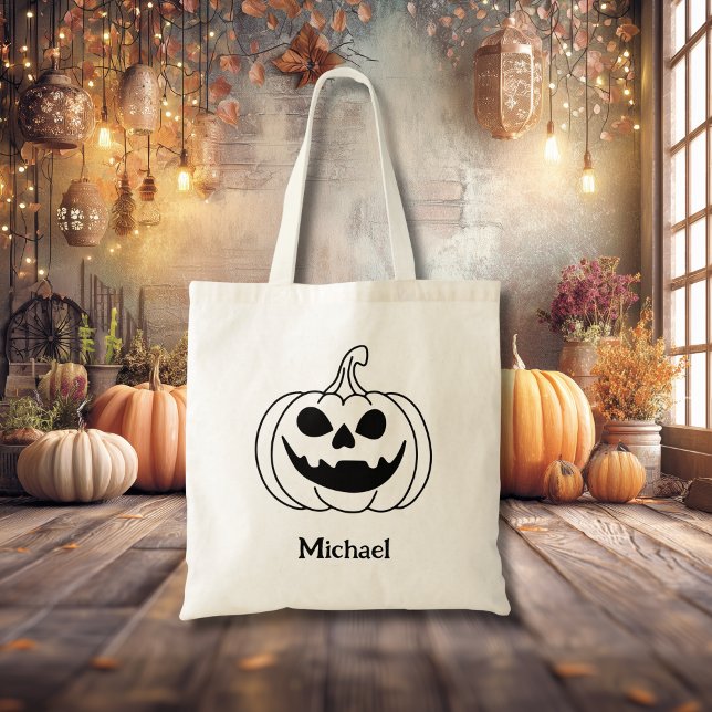 Bolsa Tote Pumpkin Jack O Lantern With Name (Criador carregado)