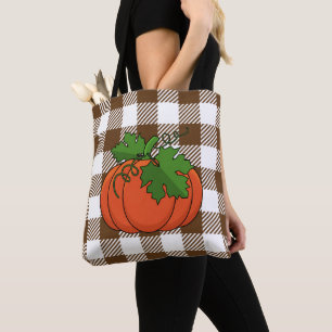 Bolsa Tote Pumpkin Laranja no Padrão Marrom Branco Verificado