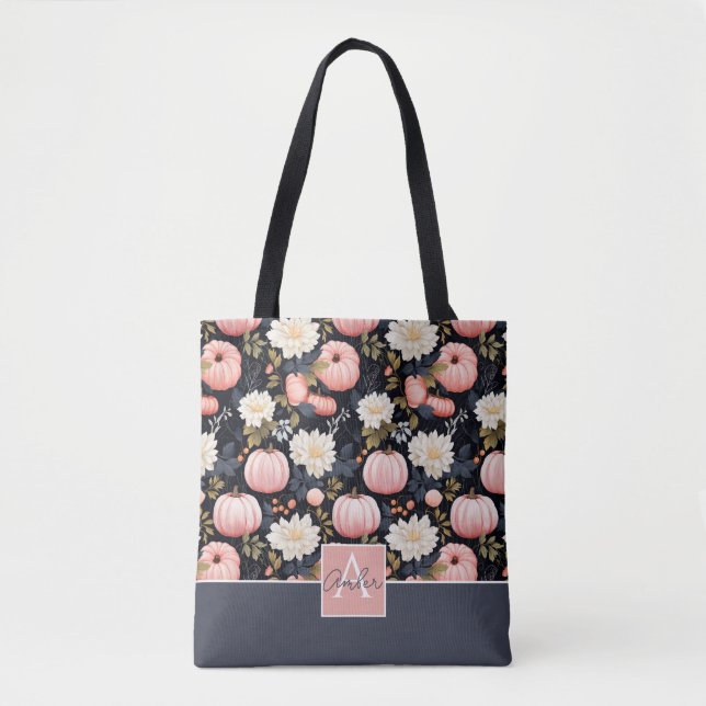 Bolsa Tote Pumpkin Personalizado e Padrão de Flores (Frente)