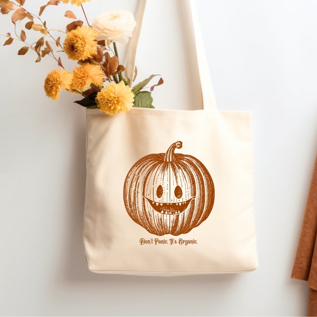 Bolsa Tote Pumpkin Vibes Halloween Não entrem em pânico É org (Vintage jack o lantern funny halloween tote featuring the quote Don't Panic It's Organic.)