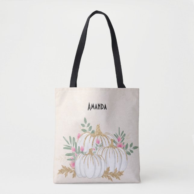 Bolsa Tote Pumpkins branco e Dourado Aquarela (Frente)