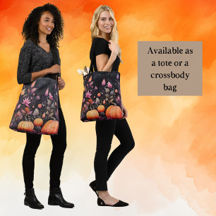 Bolsa Tote Pumpkins Roxo e Folhagem de Outono Laranja