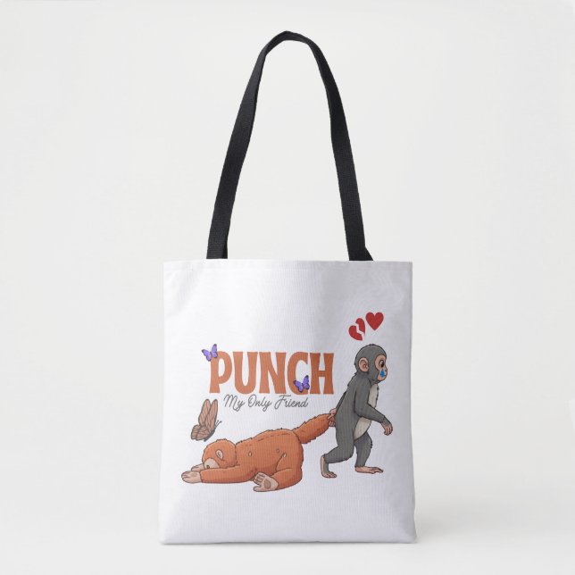 Bolsa Tote Punch‑kun & Plush Monkey – Kawaii para Crianças (Frente)