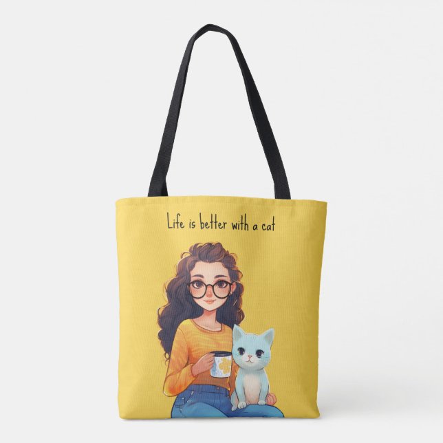 Bolsa Tote Purfect Cat Lover Mãe Bonito Amarelo (Verso)