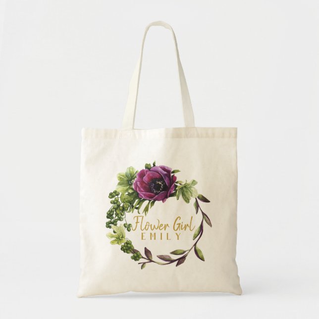 Bolsa Tote Purple Peony Wreath Flower Girl Name ID456 (Frente)