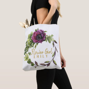 Bolsa Tote Purple Peony Wreath Flower Girl Name ID456