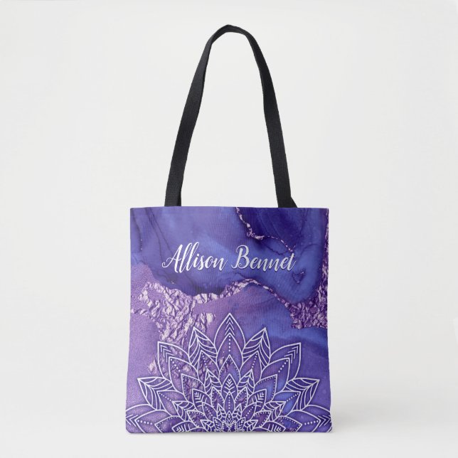 Bolsa Tote Púrpura Branca Personalizada Mandala (Frente)