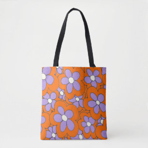 Bolsa Tote Púrpura impressão laranja de flor desenhada à mão