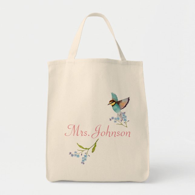 Bolsa Tote Púrpura mole e flores azuis, nome bonito das aves (Frente)