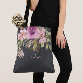 Bolsa Tote Púrpura Roxa Rosa Púrpura Floral Monograma Inicial