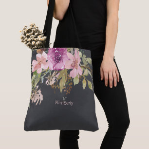Bolsa Tote Púrpura Roxa Rosa Púrpura Floral Monograma Inicial
