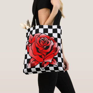 Bolsa Tote Quadrado branco e preto e rosa vermelha