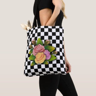 Bolsa Tote Quadrado E Rosas Pretos E Brancos