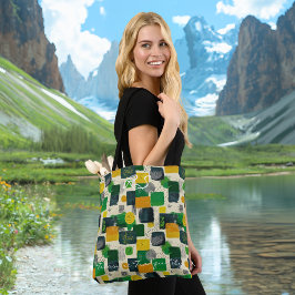 Bolsa Tote quadrados abstrato verde e amarelo com preto