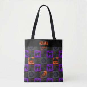Bolsa Tote Quadrados de Gato Preto no Halloween