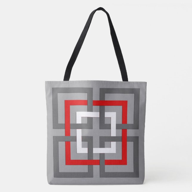 Bolsa Tote Quadrados Geométricos Modernos, Cinzas, Vermelho e (Frente)