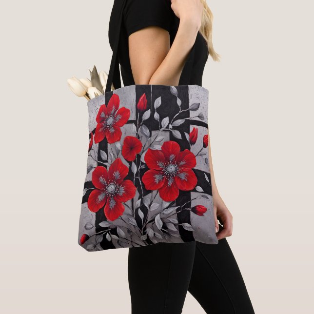 Bolsa Tote Quadrados Pretos e Prateados com Flores Vermelhas (Close Up)