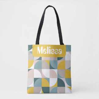 Bolsa Tote Quadrados Retro Mod Rosa Azul Nome Personalizado