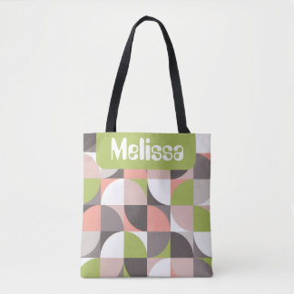 Bolsa Tote Quadrados Retro Mod Rosa Verde Nome Personalizado