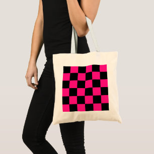 Bolsa Tote Quadrados verificados retro geométrico preto-rosa-