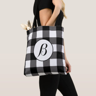 Bolsa Tote Quadrados Xadrez Preto e Branco Plaid de Búfalo