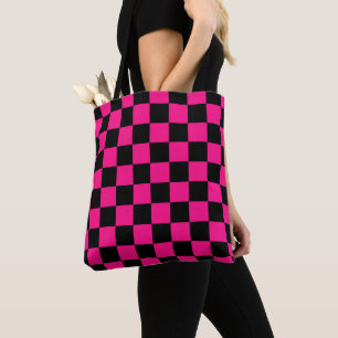 Bolsa Tote Quadrados xadrez rosa quente preto geométrico retr