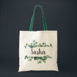 Bolsa Tote Quadro chique da folha do eucalipto personalizado<br><div class="desc">O quadro chique da folha do eucalipto do dólar de prata da aguarela personalizou a sacola. Personalize o estilo de pia batismal do texto,  a cor,  e o tamanho.</div>