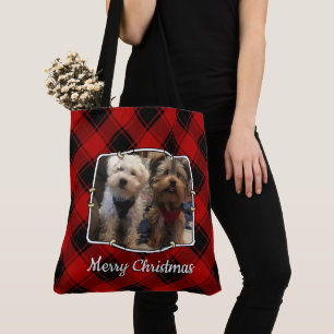 Bolsa Tote Quadro de Fotografias de Natal Vermelho e Xadrez 2