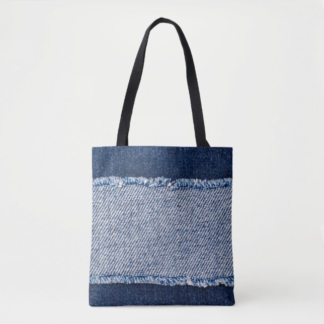 Bolsa Tote Quadro de jeans azuis com borda denim. (Frente)