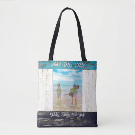 Bolsa Tote Quadro de Madeira de Praia Azul Rústico Branco Nom