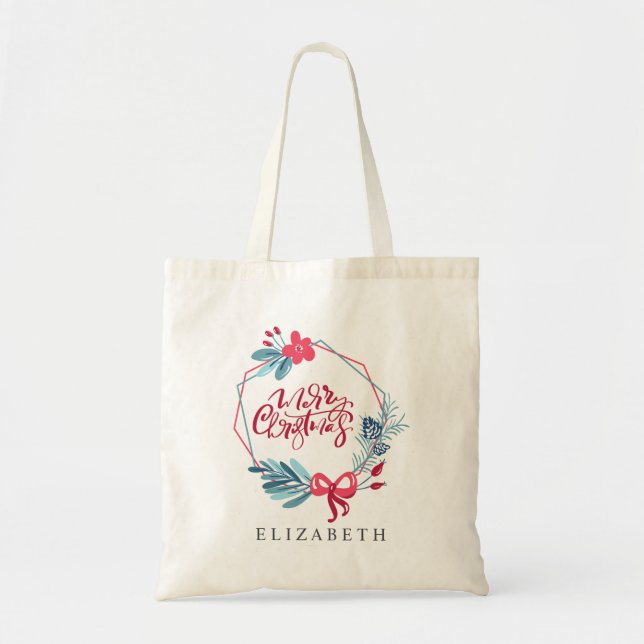 Bolsa Tote Quadro Geométrico Vermelho Azul Moderno Feliz Nata (Frente)