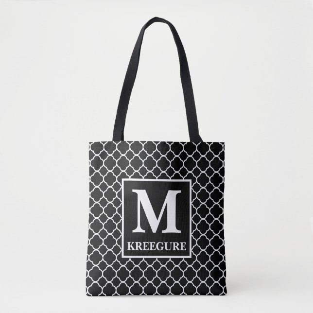 Bolsa Tote Quatrefoil Clássico Monograma Séria BW (Frente)
