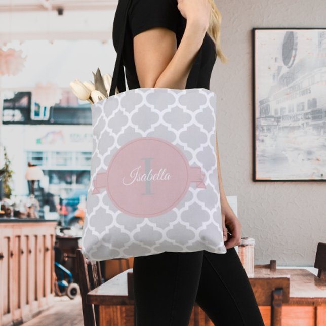 Bolsa Tote Quatrefoil Cor-de-Rosa Personalizado Saco (Pink Quatrefoil Personalized Tote Bag)