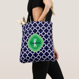 Bolsa Tote Quatrefoil Marinho Azul Monograma Verde