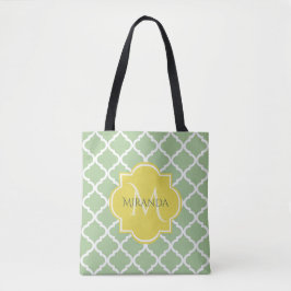 Bolsa Tote Quatrefoil Verde Chic Pastel Nome Amarelo Monogram