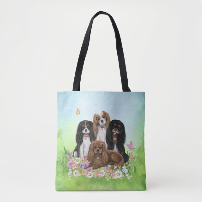 Bolsa Tote Quatro Cavaleiros Rei Charles Spaniels em Flores   (Frente)