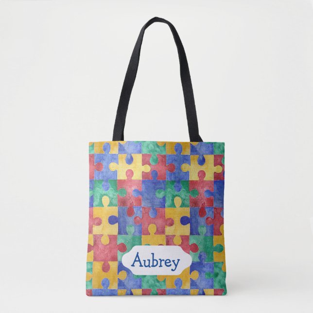 Bolsa Tote Quebra-cabeça da aguarela para a consciência do (Frente)