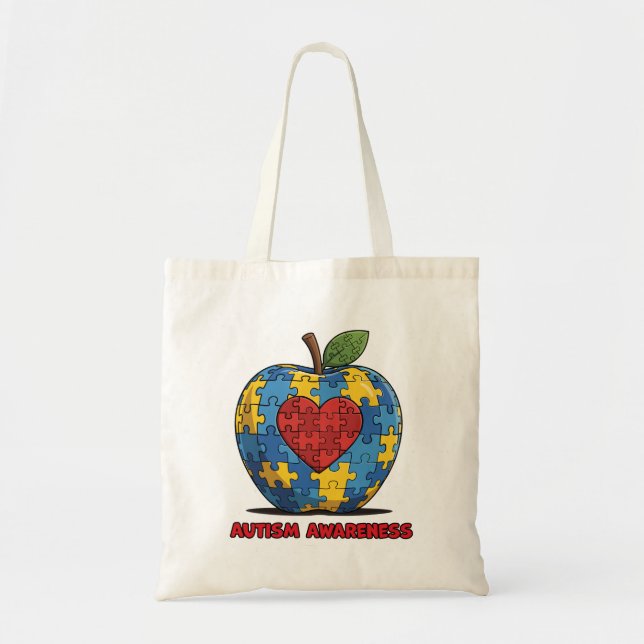 Bolsa Tote Quebra-cabeça da Conscientização do Autismo Maçã C (Frente)
