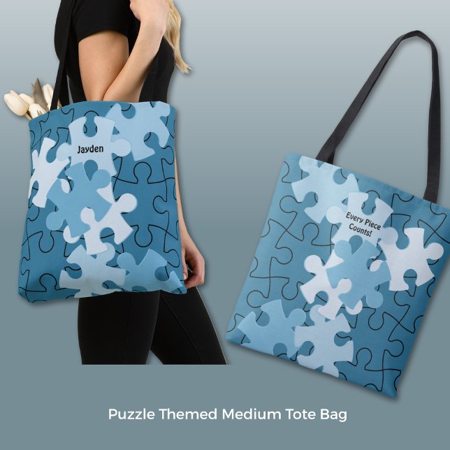 Bolsa Tote Quebra-cabeça Divertido Nome Personalizado e Lema  (Fun Jigsaw Puzzle Custom Name & Motto Blue Tote Bag)