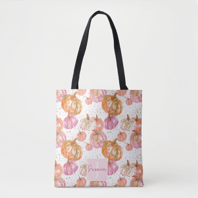 Bolsa Tote Queda de Abóbora Personalizada de Cores de Água Cu (Frente)