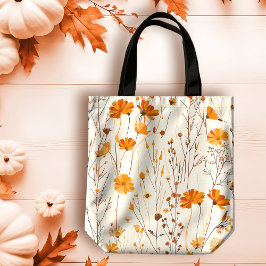 Bolsa Tote Queda Delicado Laranja Flores Selvagens em Creme