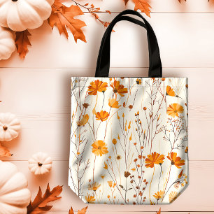 Bolsa Tote Queda Delicado Laranja Flores Selvagens em Creme